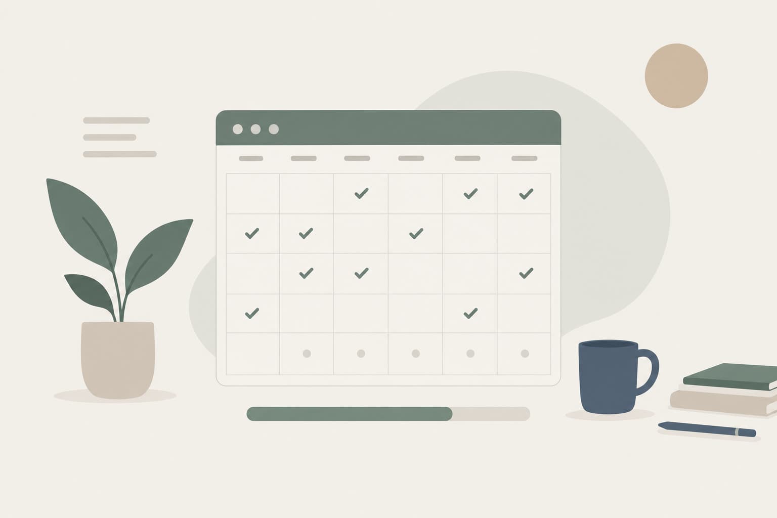 A monthly grid with small checkmarks and a progress bar