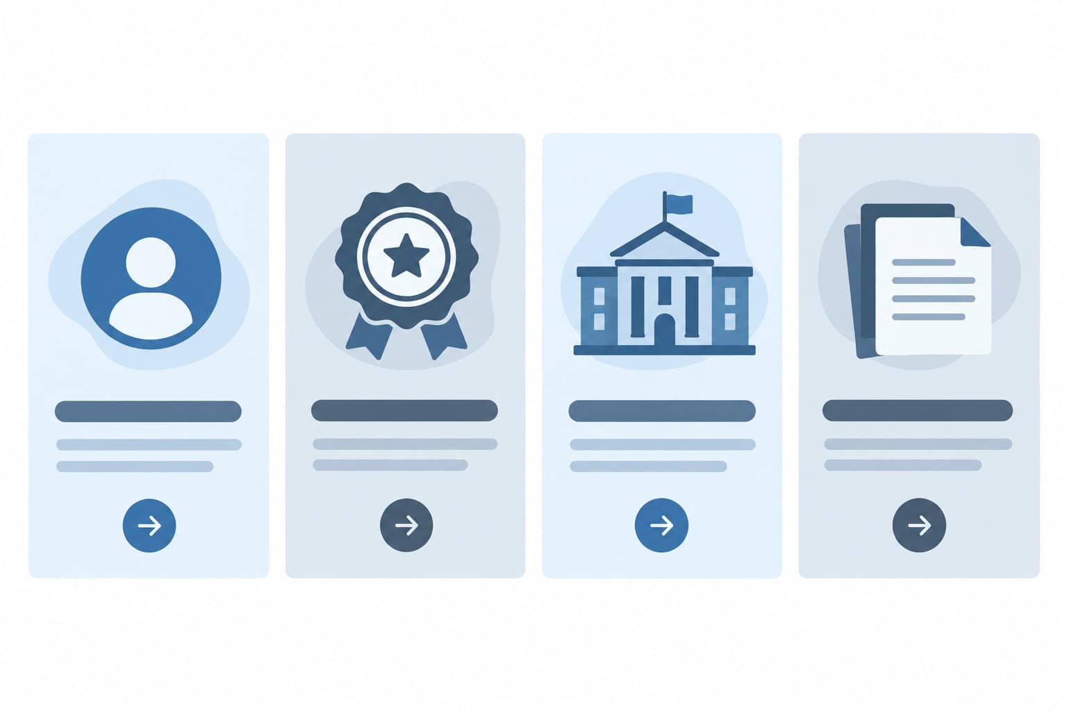 Four route cards with simple icons for an account, a seal badge, a building and documents
