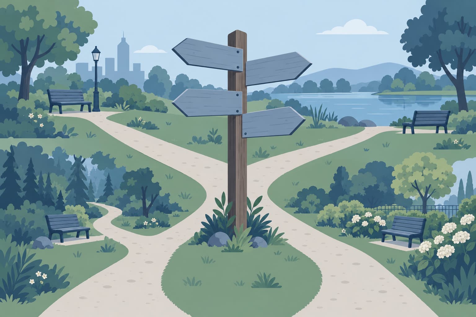 A wooden signpost with four blank arrow boards pointing down different park paths