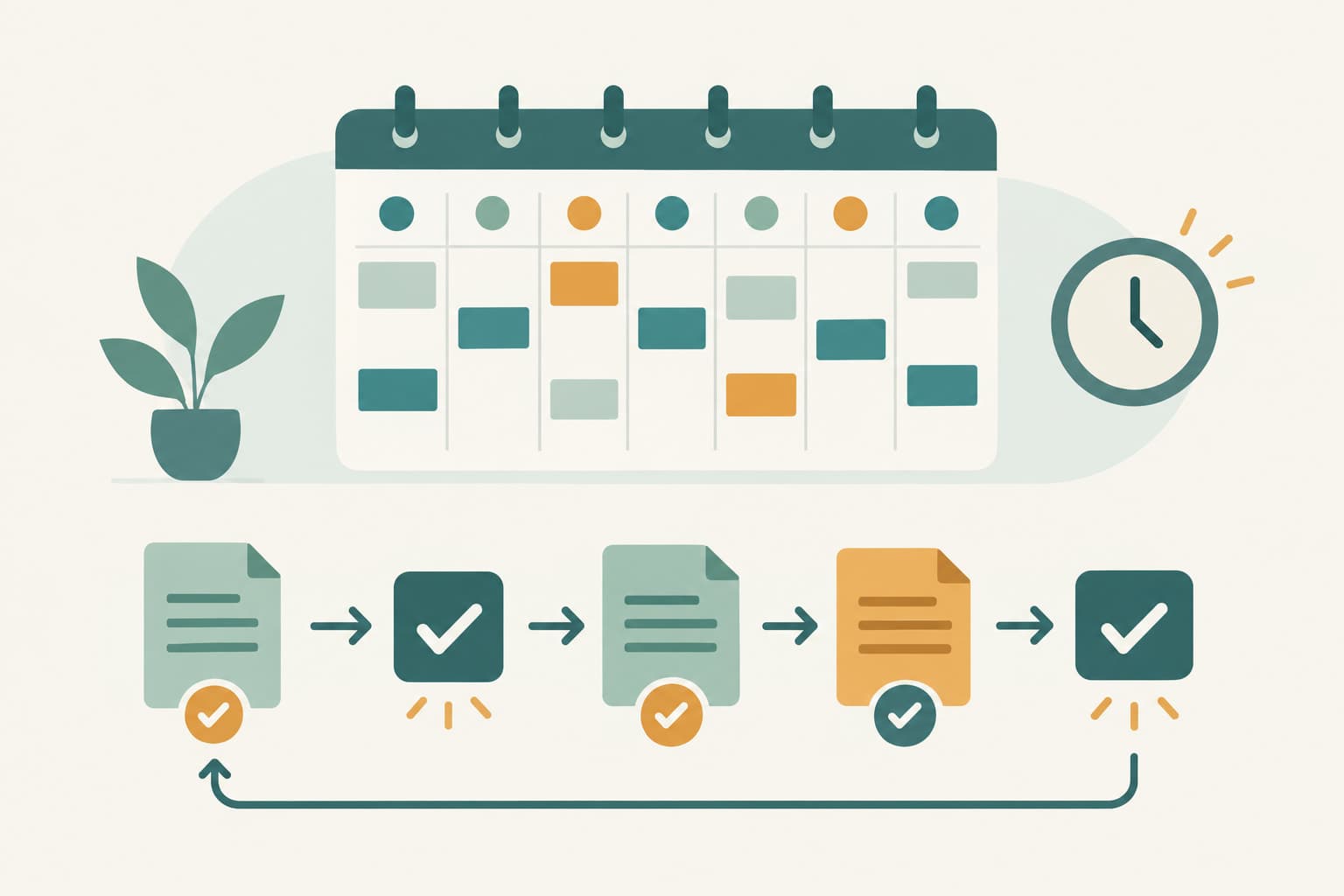 A weekly calendar with document and check mark shapes arranged in a row