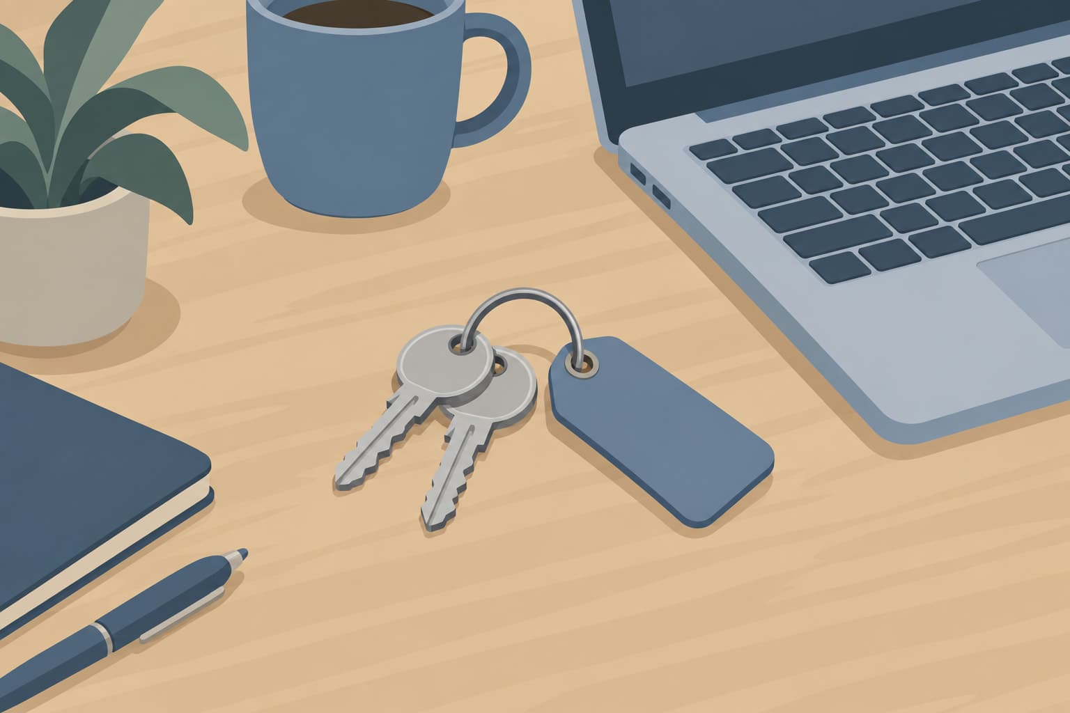 Two identical keys on one ring resting beside an open laptop, with a blank key tag