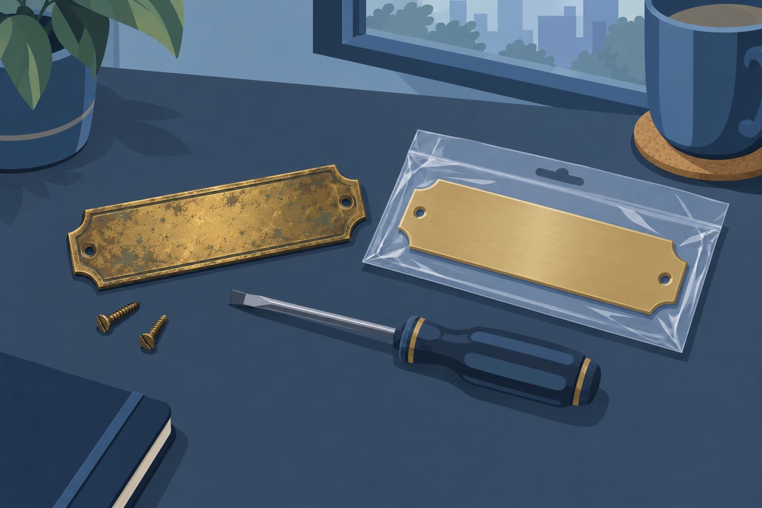 An old brass nameplate lying on a desk beside a new plain nameplate still in its packaging