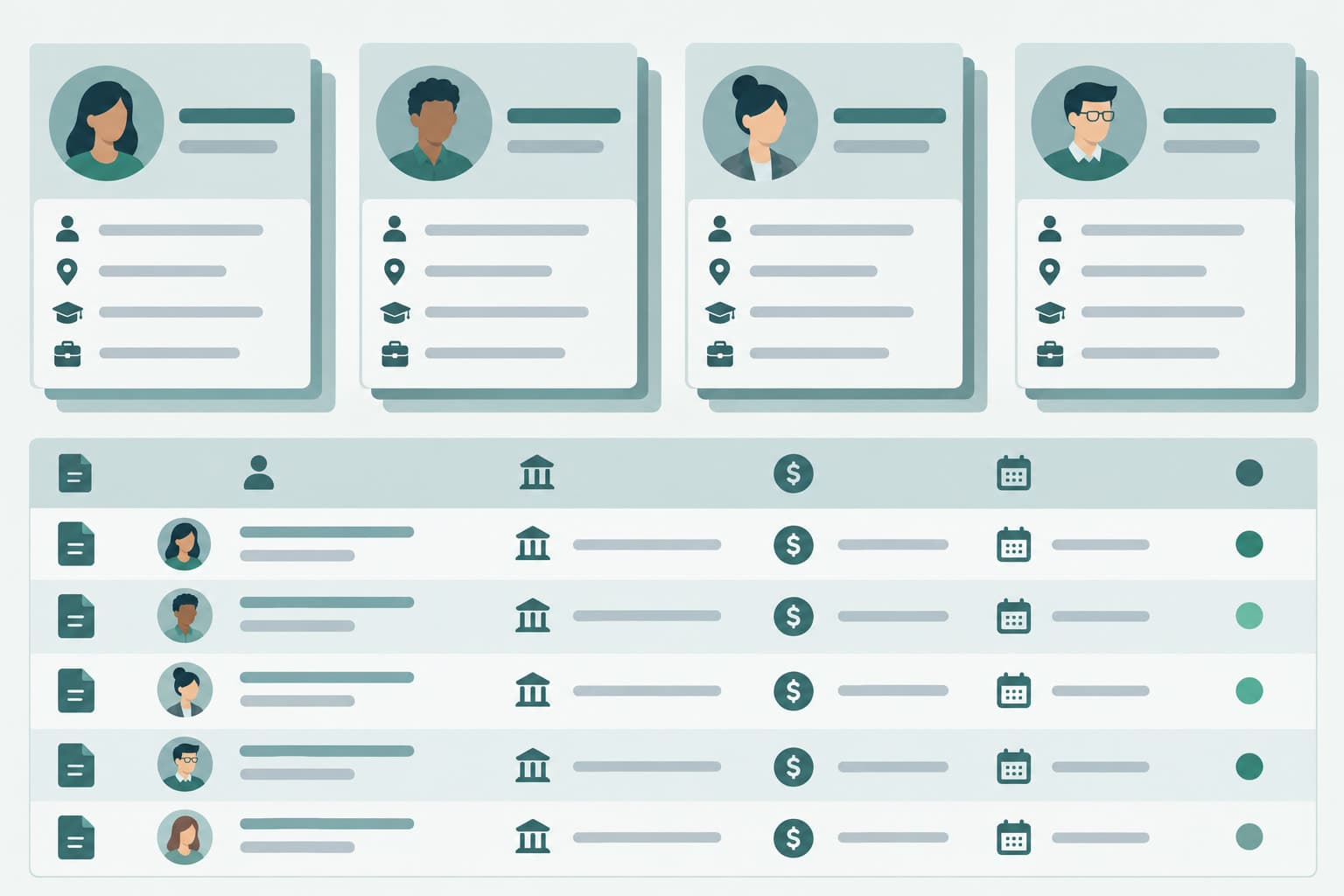 Stacked profile cards and table rows arranged in a grid
