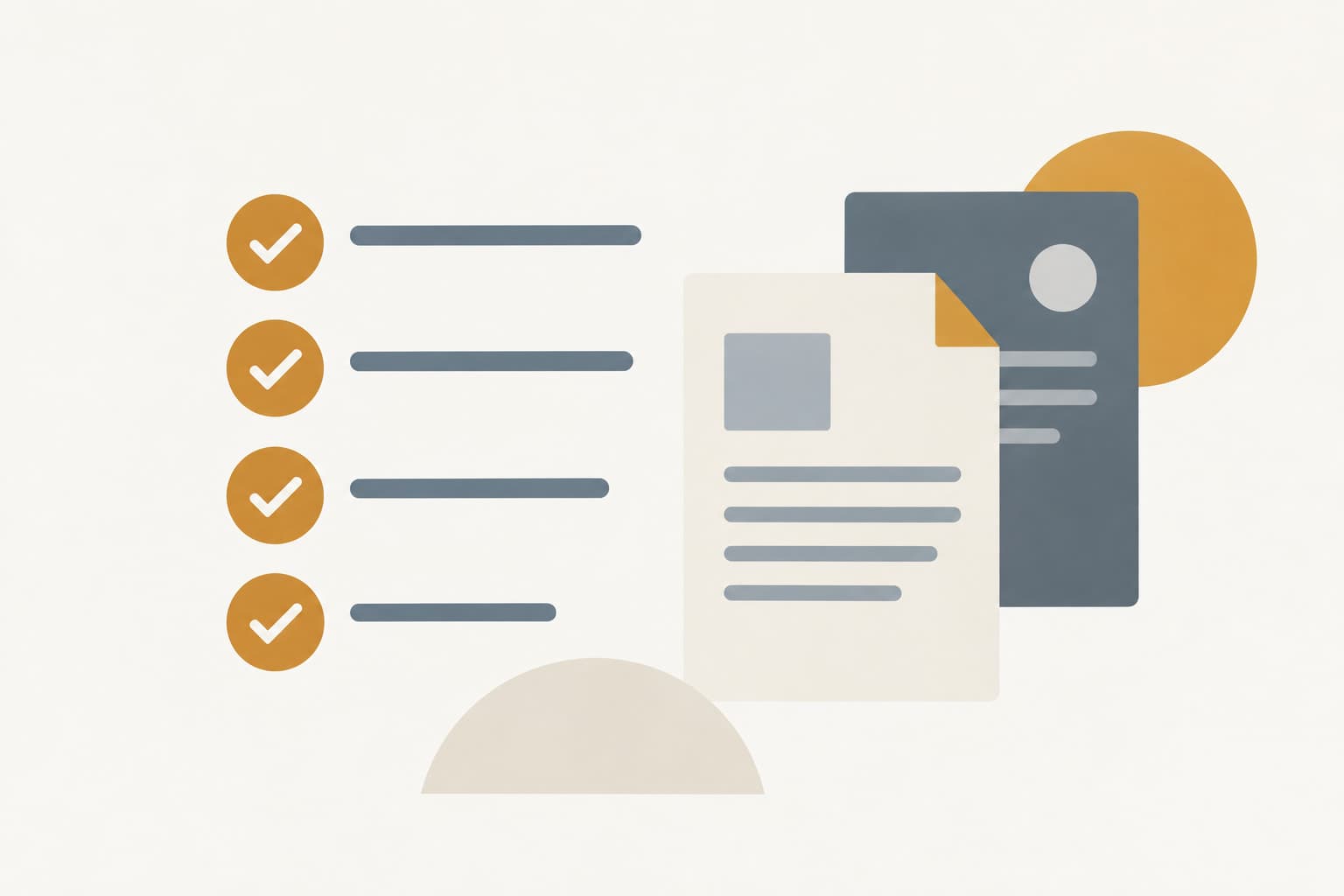 A checklist with check marks beside document shapes