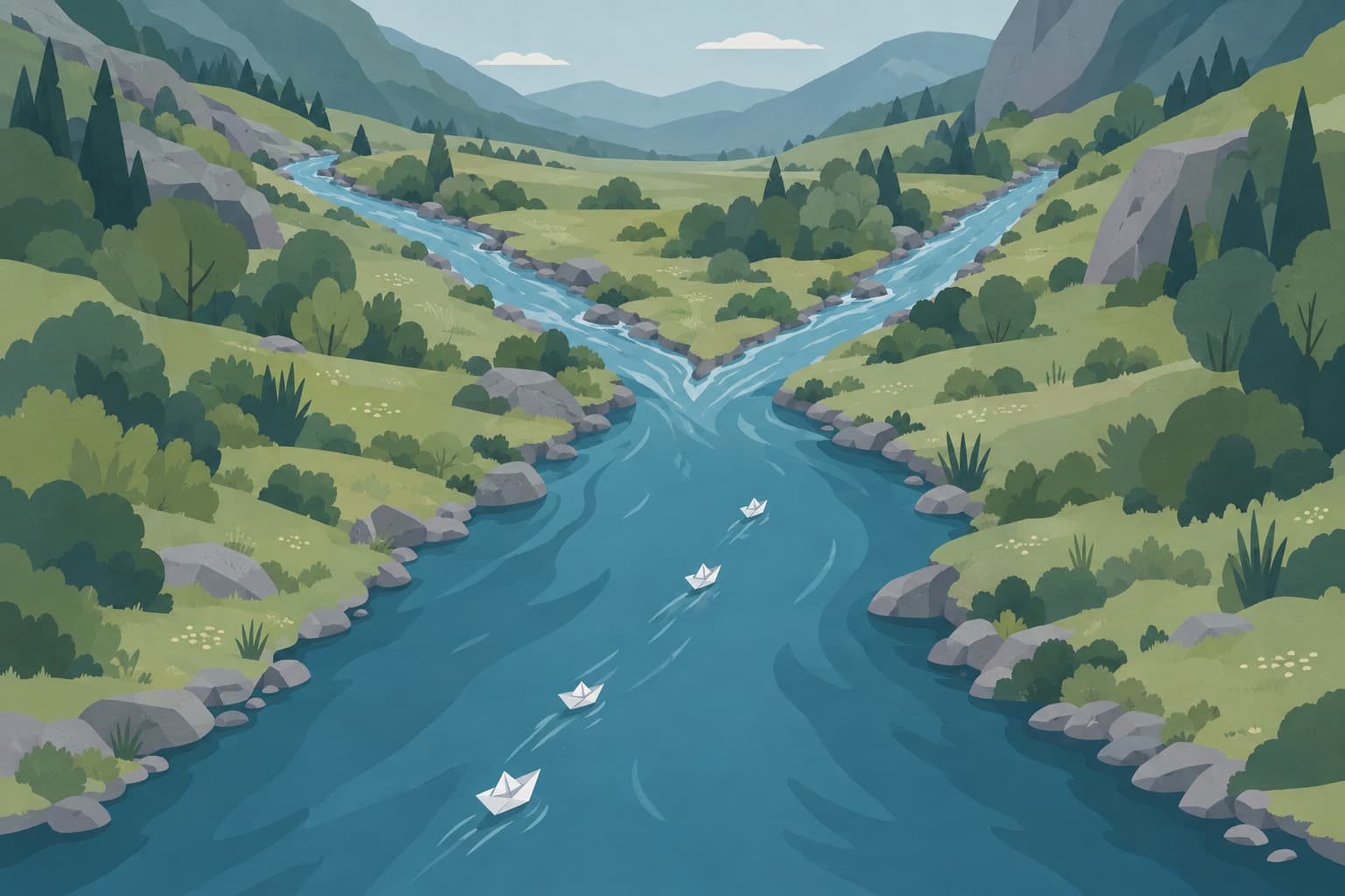 Two small streams meeting and flowing on as one wider river through a valley, with a few paper boats