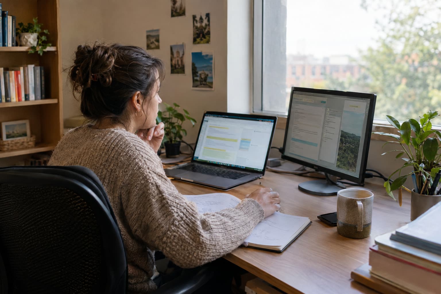 A researcher at a desk comparing notes across two screens