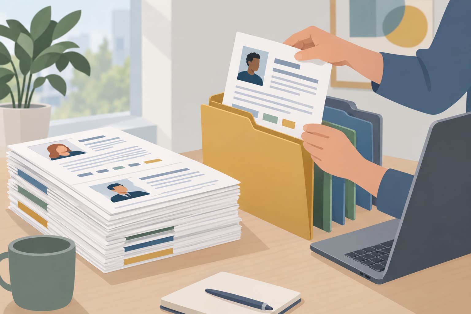 A stack of printed pages being sorted into folders beside a laptop