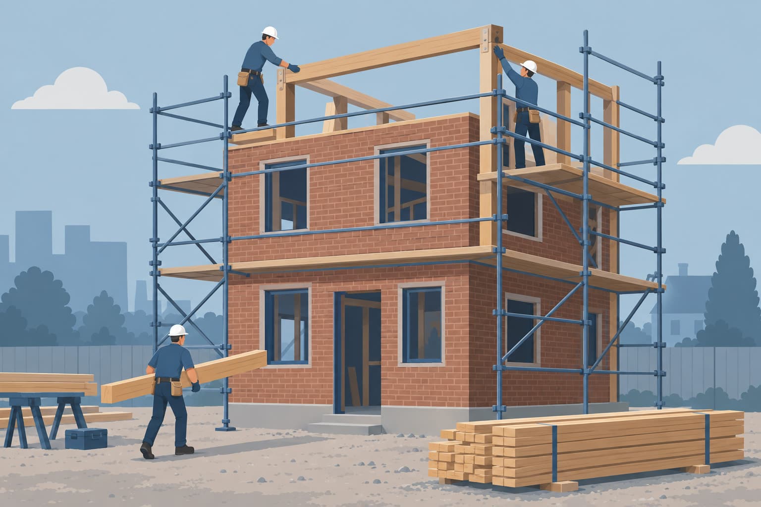 Scaffolding around a small brick building while its frame is reinforced