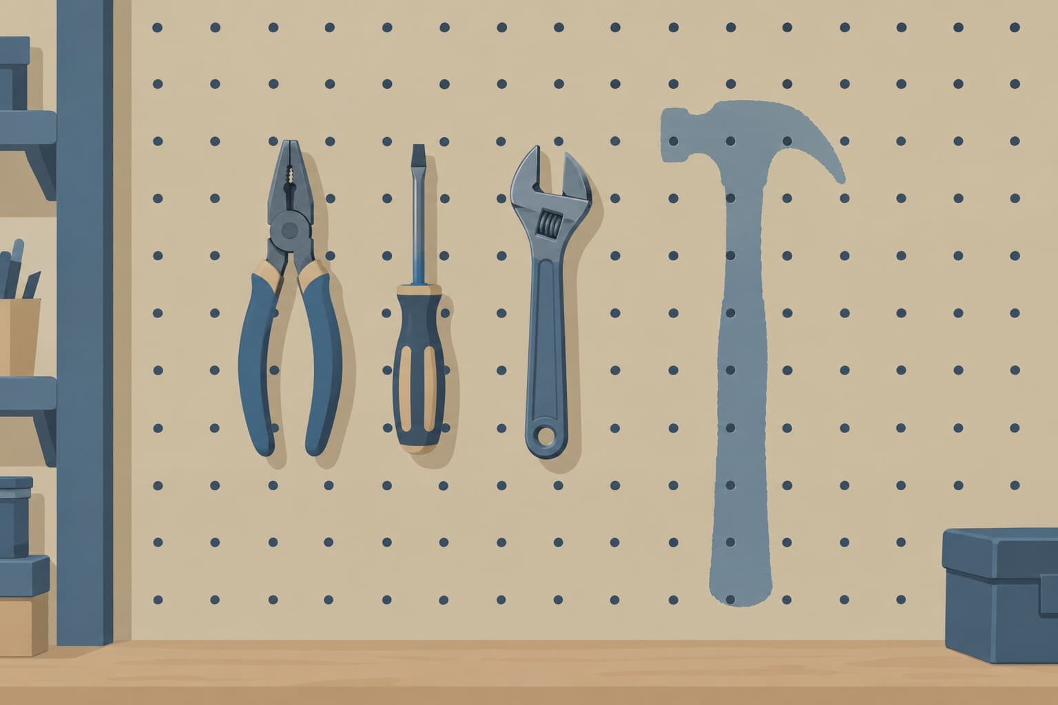 A pegboard with three small hand tools hanging beside the empty outline of a larger tool