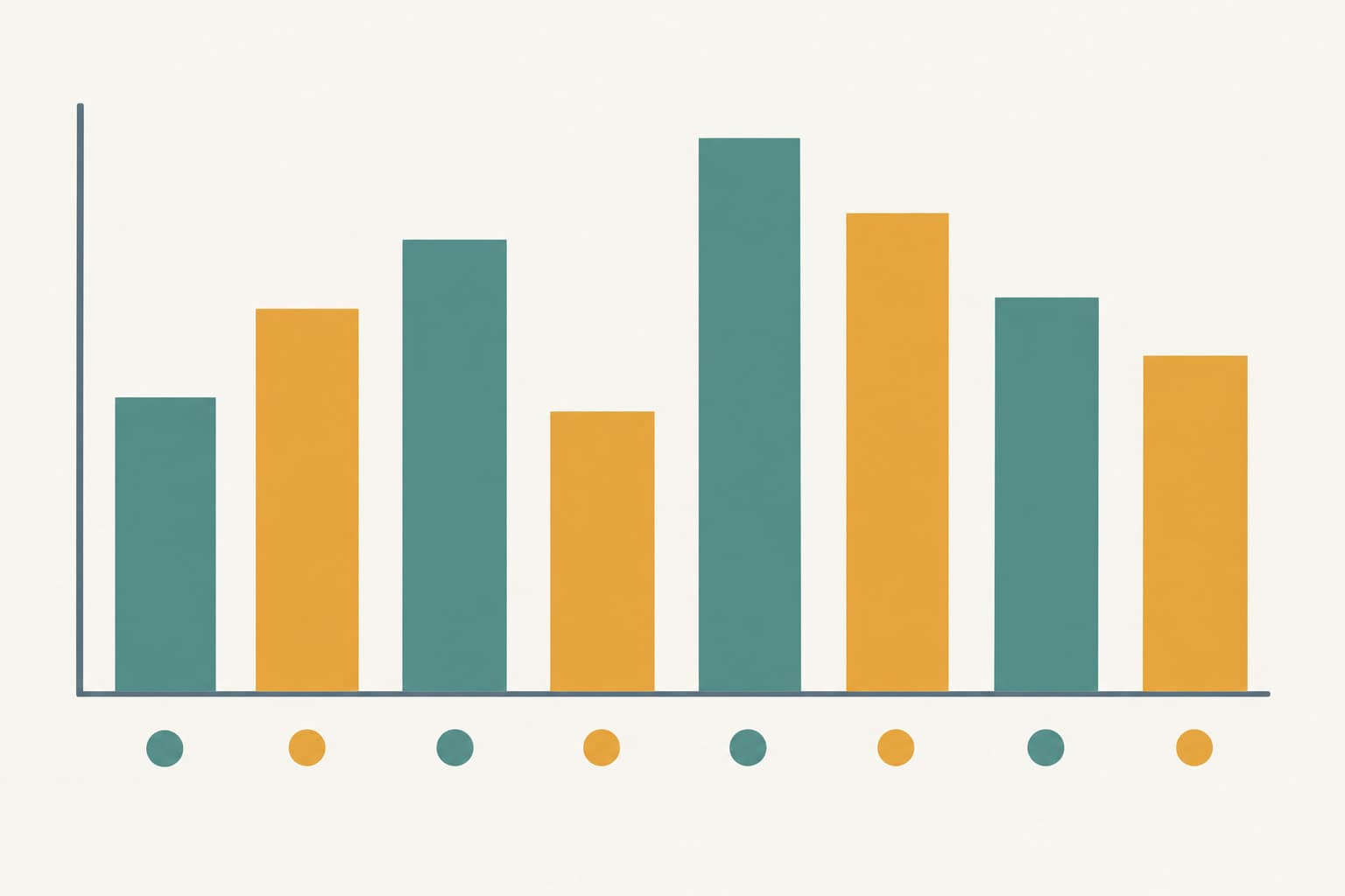 A bar chart of eight bars in teal and amber with plain shapes in place of labels