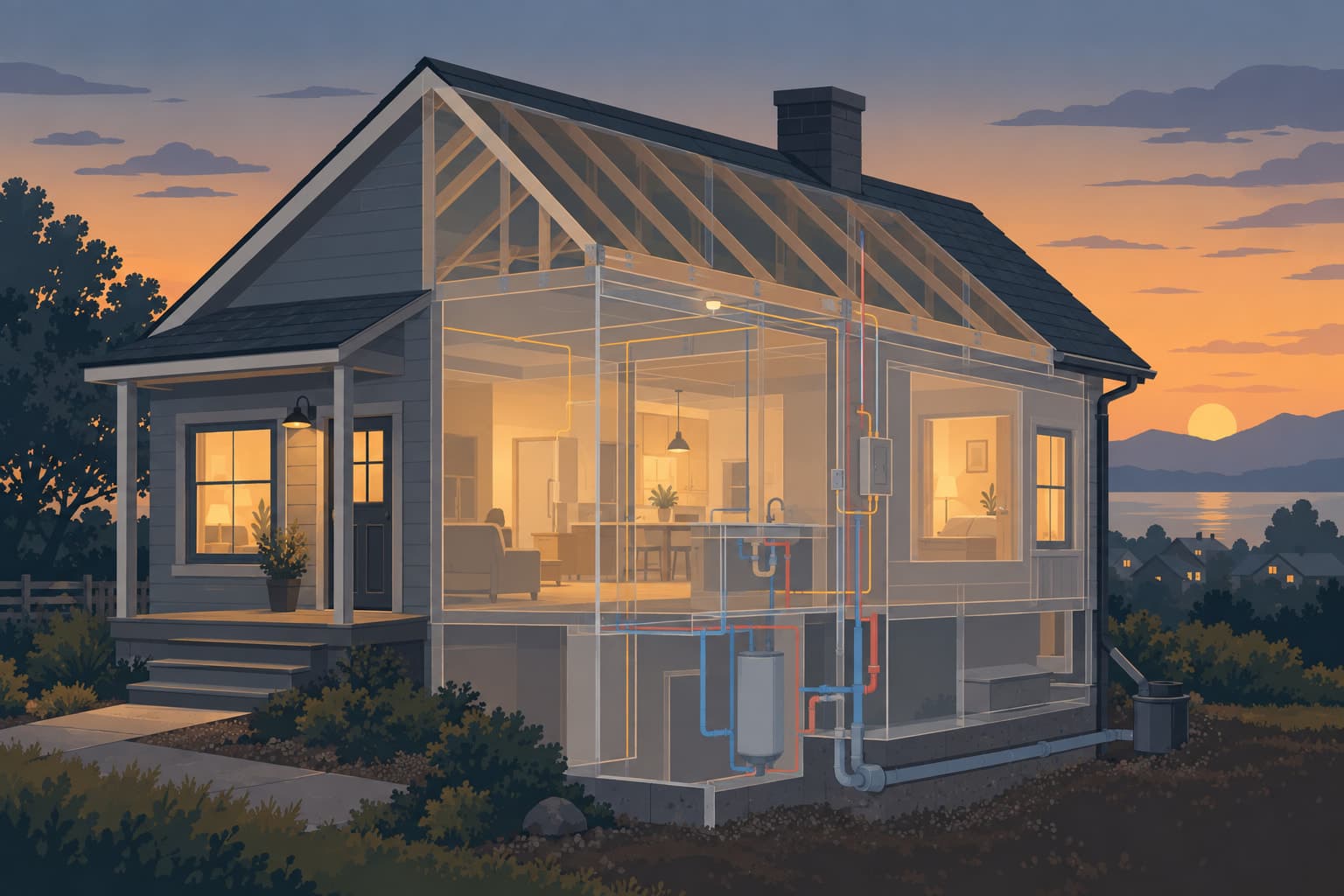 A lit house at dusk with its roof, wiring and plumbing drawn in faint cutaway lines