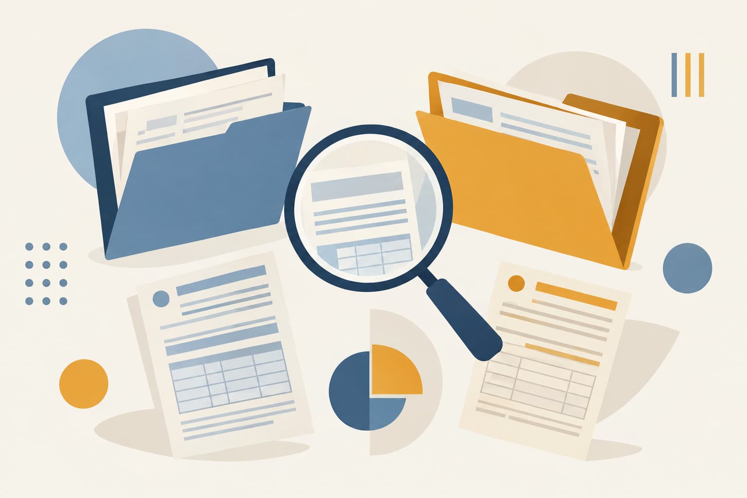 Open file folders and forms arranged around a magnifying glass