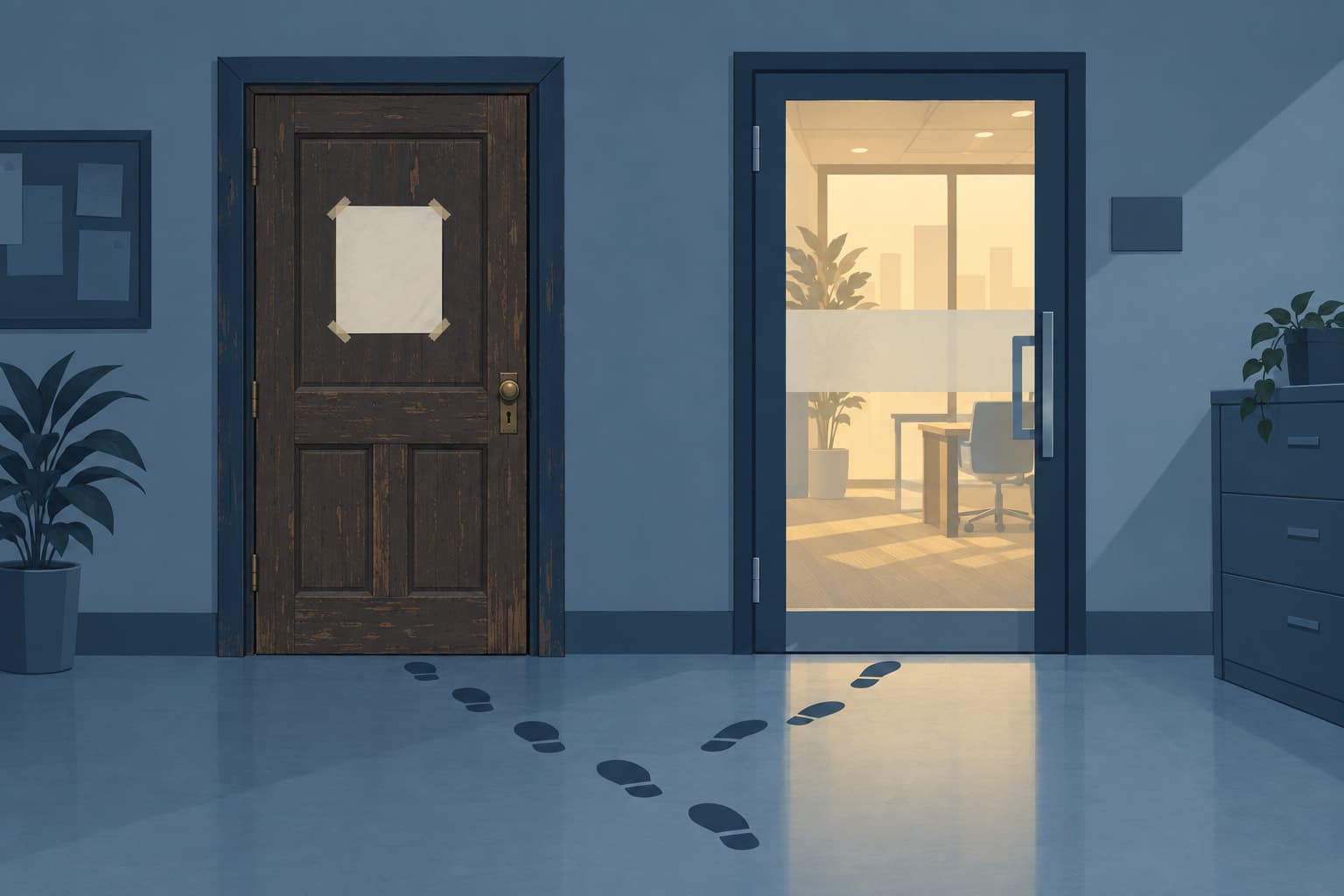 An old wooden office door with a blank notice taped to it and footprints leading to a newer glass door