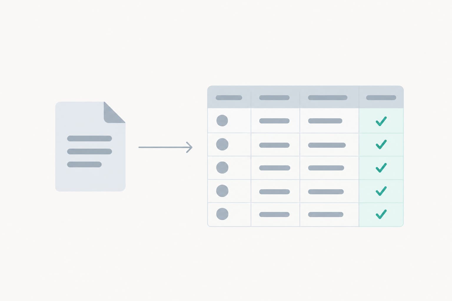A small file icon turning into a grid of table rows with a column of check marks