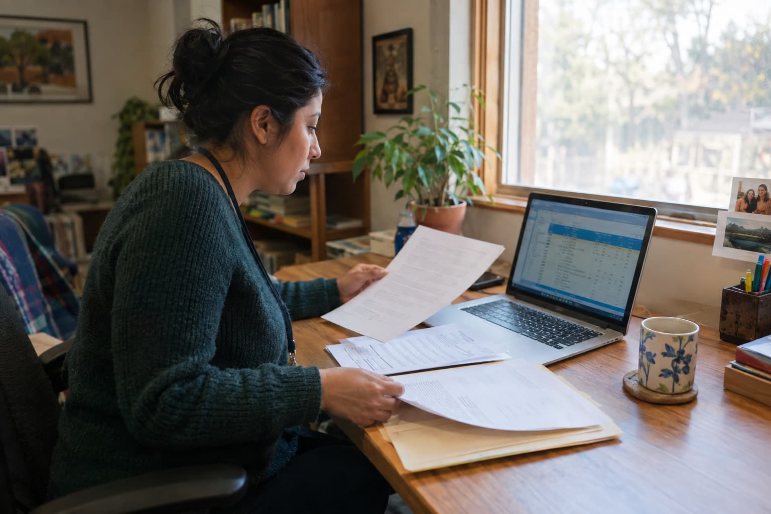 A staff member at a desk comparing printed documents with a laptop screen