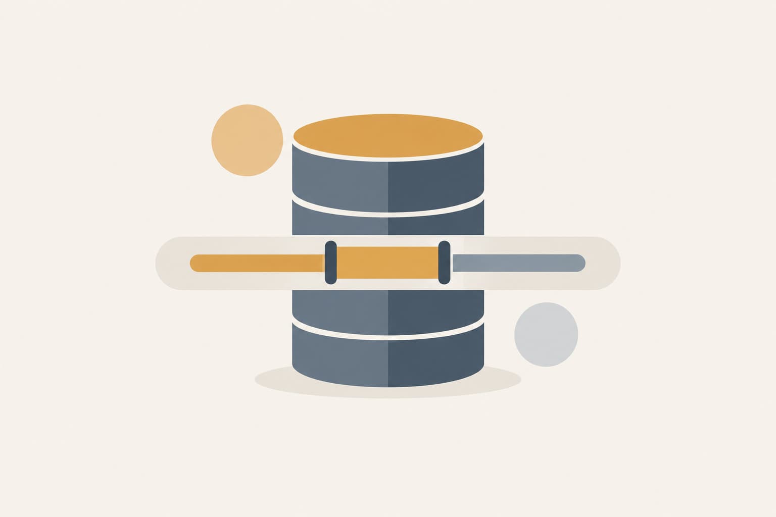 Stacked database cylinders behind a horizontal gauge with a bounded range
