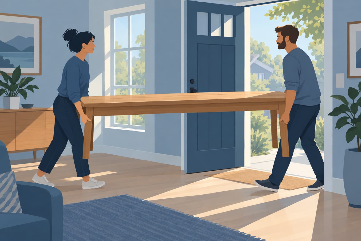 Two people carrying a long wooden table together, one at each end