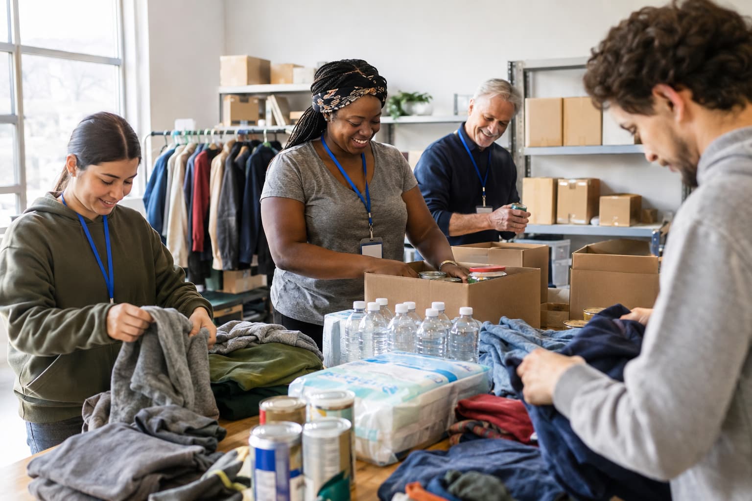 Volunteers sorting donated supplies in a storage room