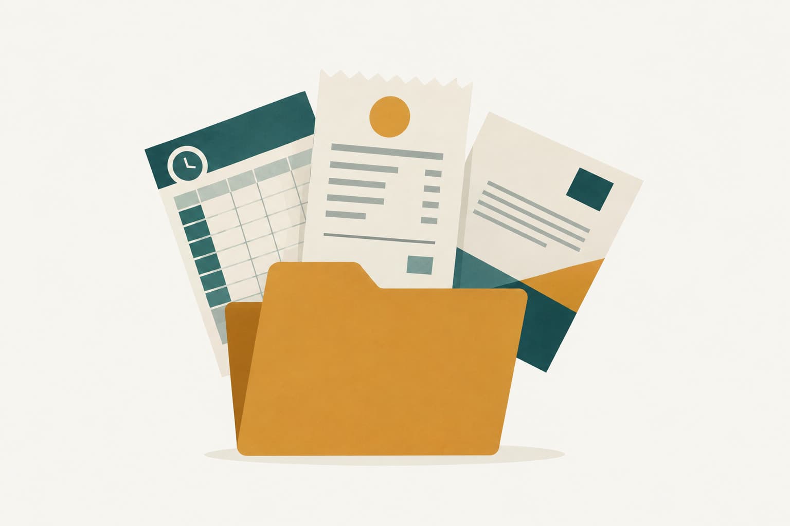 A file folder with sheet, receipt and letter shapes fanned out