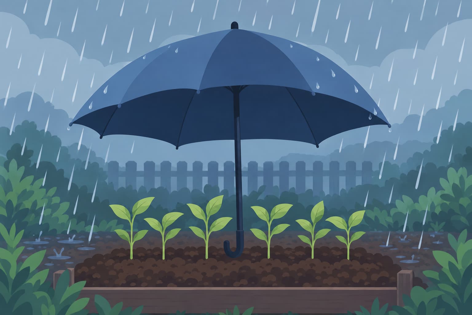 A large umbrella sheltering a row of seedlings from the rain