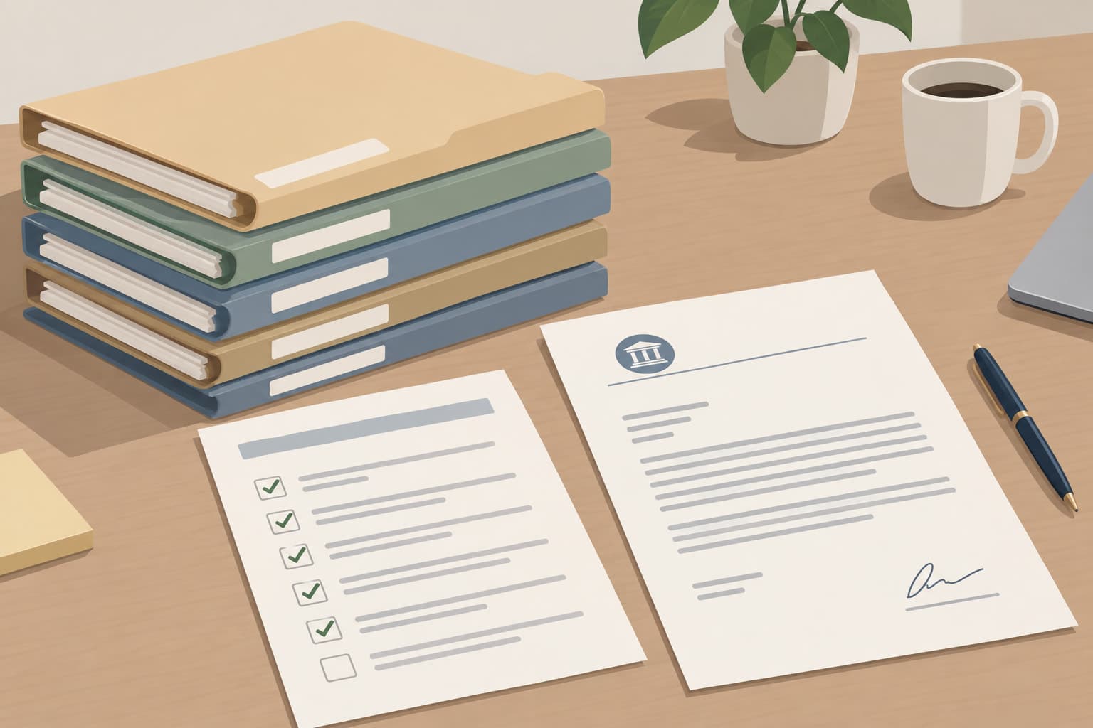 Stacked folders, a checklist sheet and a letter on a desk