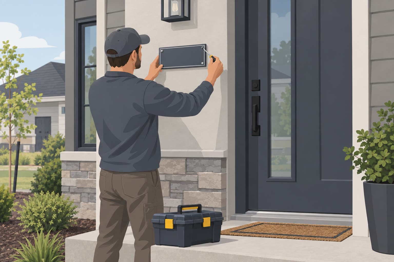A blank house-number plaque being fixed beside the front door of a new house