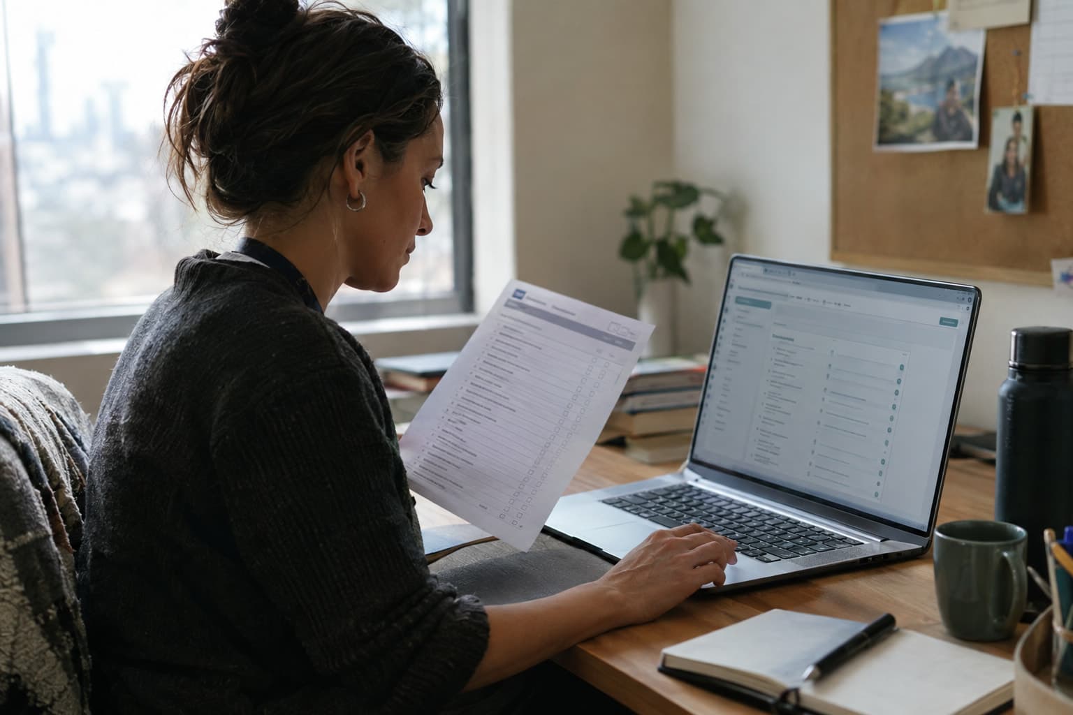 A staff member at a desk comparing a printed checklist with a laptop screen
