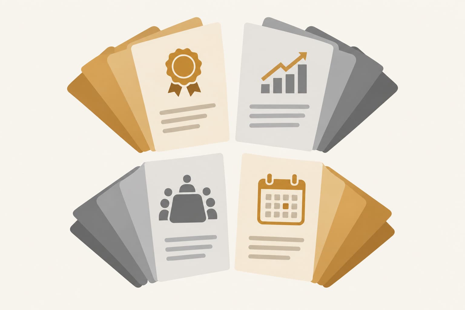 A fan of document cards grouped into four bands with small icons