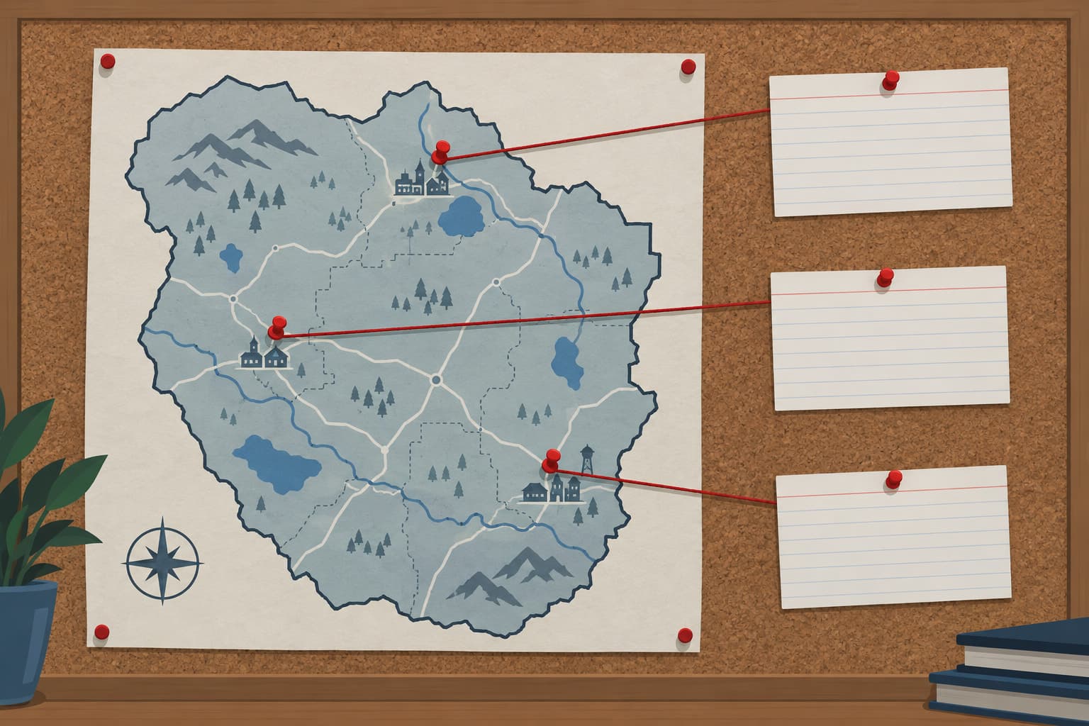 A hand-drawn county map on a corkboard with three push pins linked by string to three index cards
