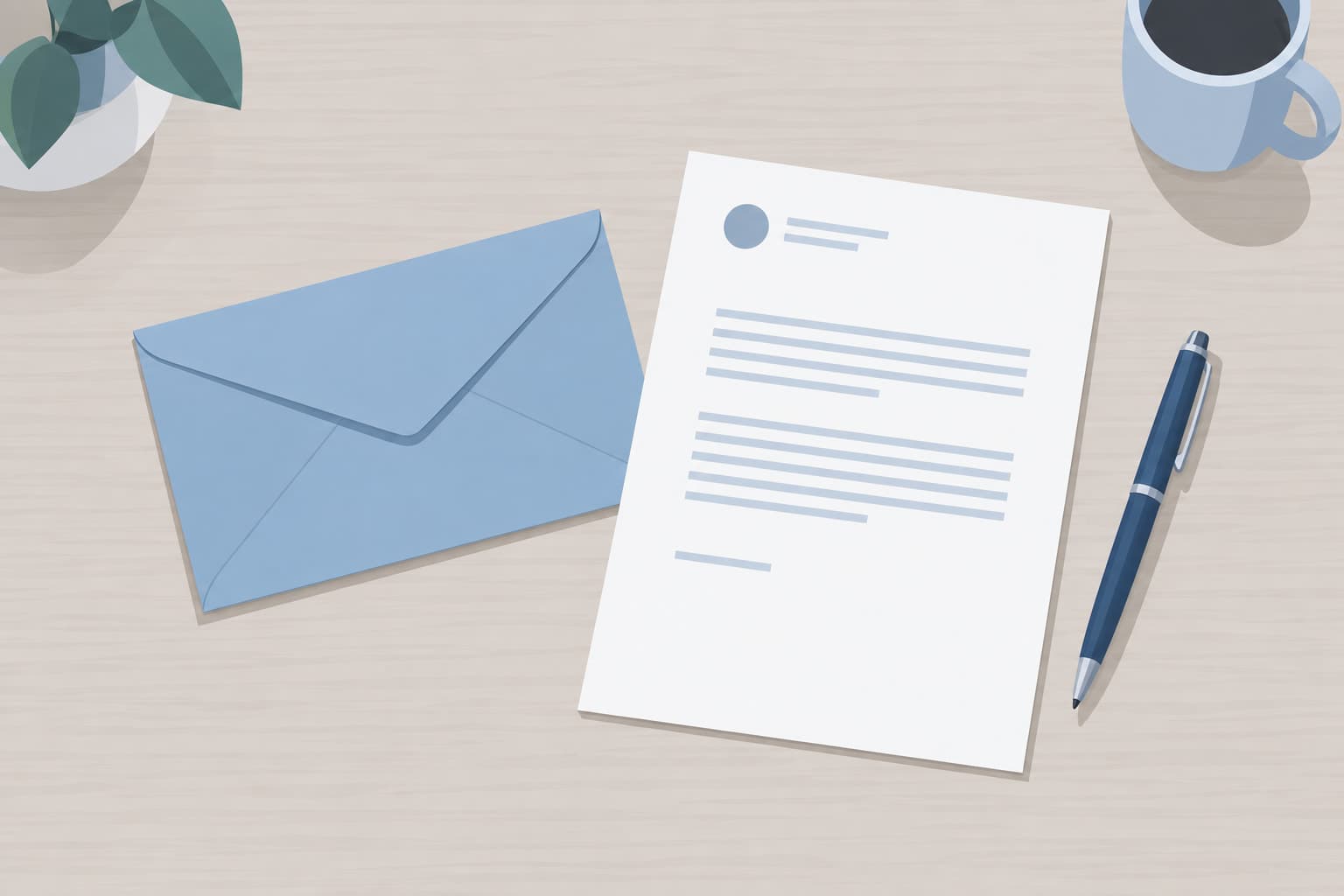 An envelope beside a one-page letter and a pen on a desk