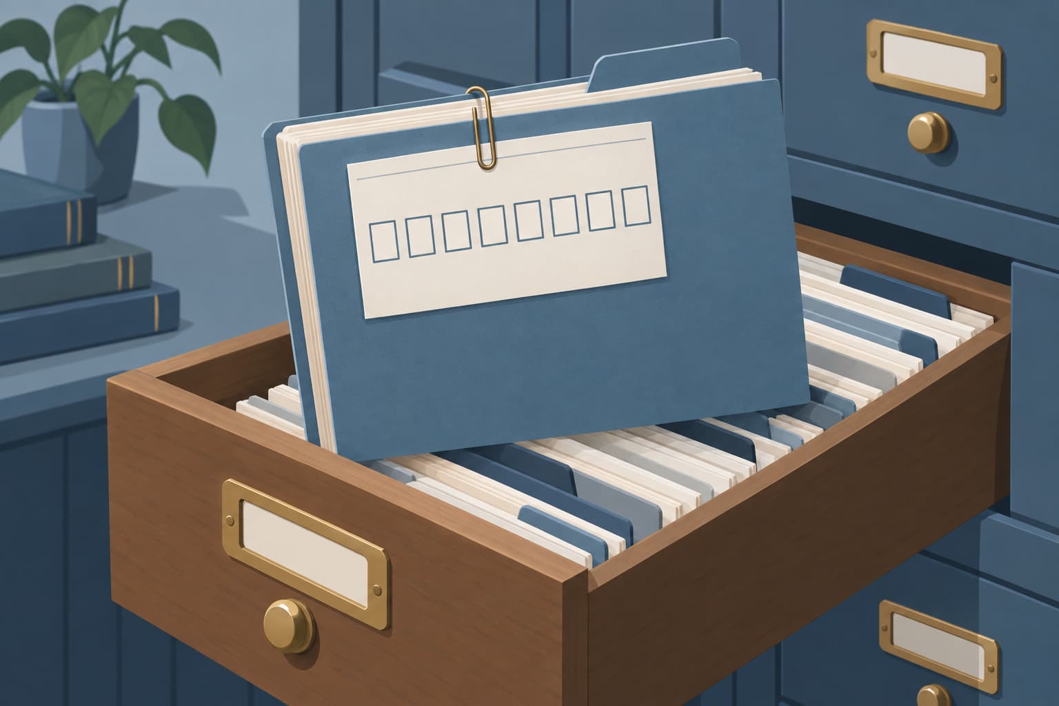An index card with a row of empty digit boxes clipped to a thick folder in an open card catalog drawer