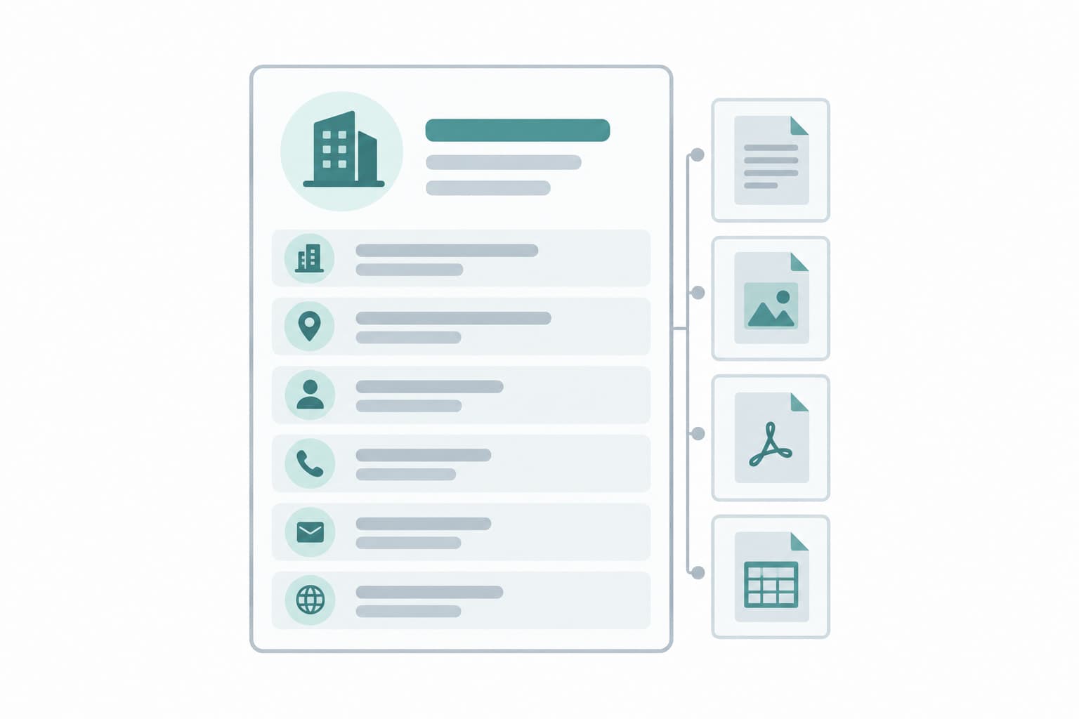 A single record card with stacked field rows and small document thumbnails attached