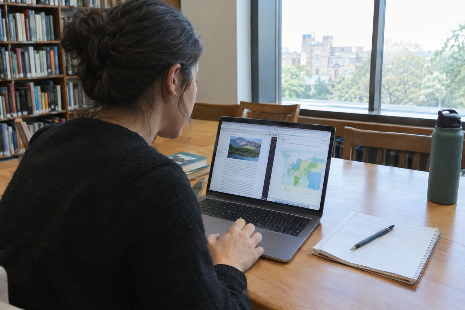 A researcher at a library table comparing two browser windows on a laptop