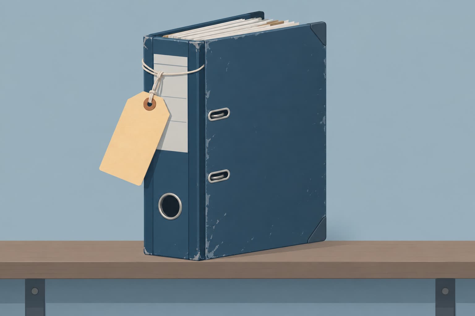 A thick old reference binder on a shelf with a large blank price tag tied to its spine
