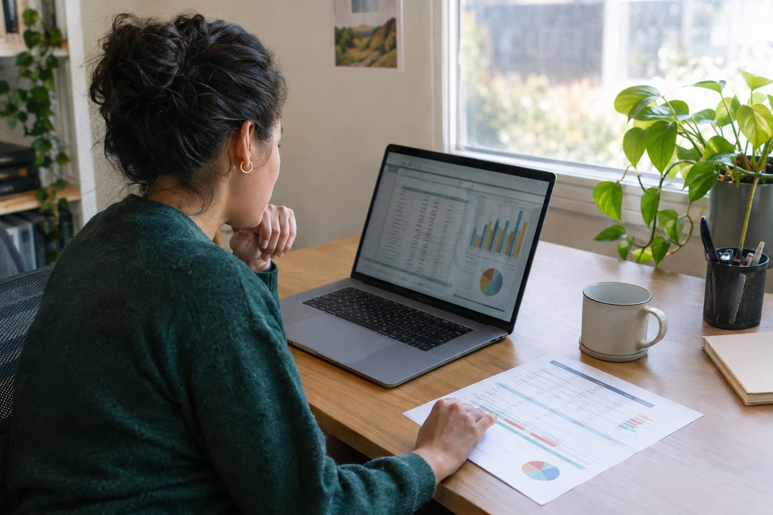 A staff member at a desk comparing notes on a laptop with a printed budget sheet beside it
