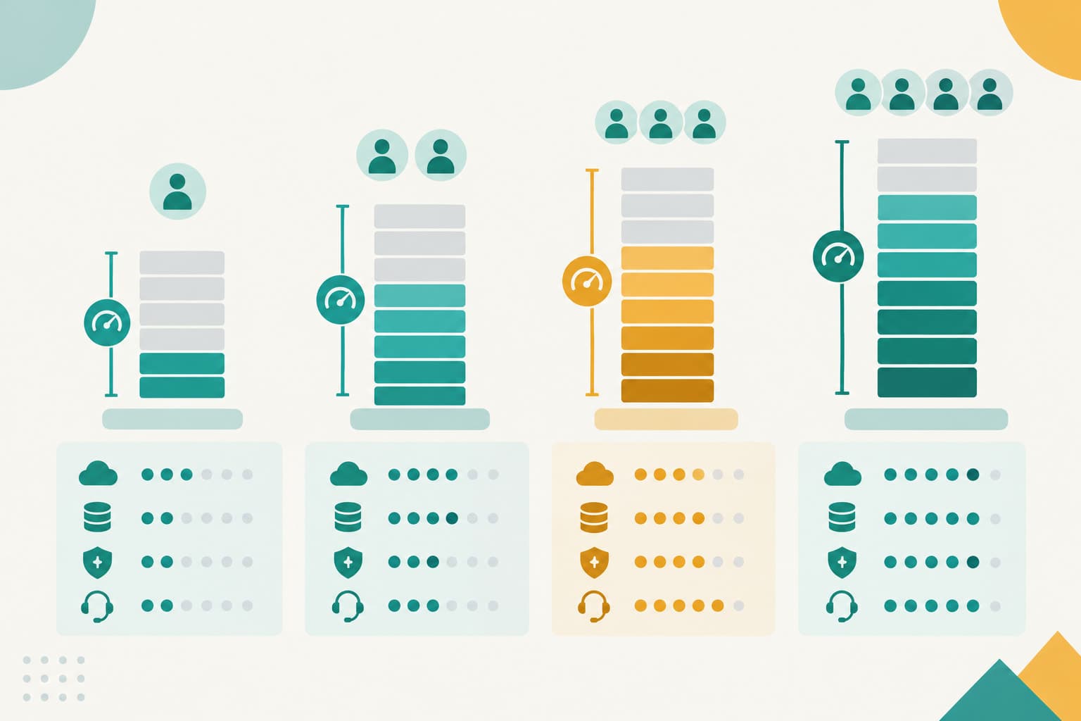 Stacked bars with small user icons across several tiers
