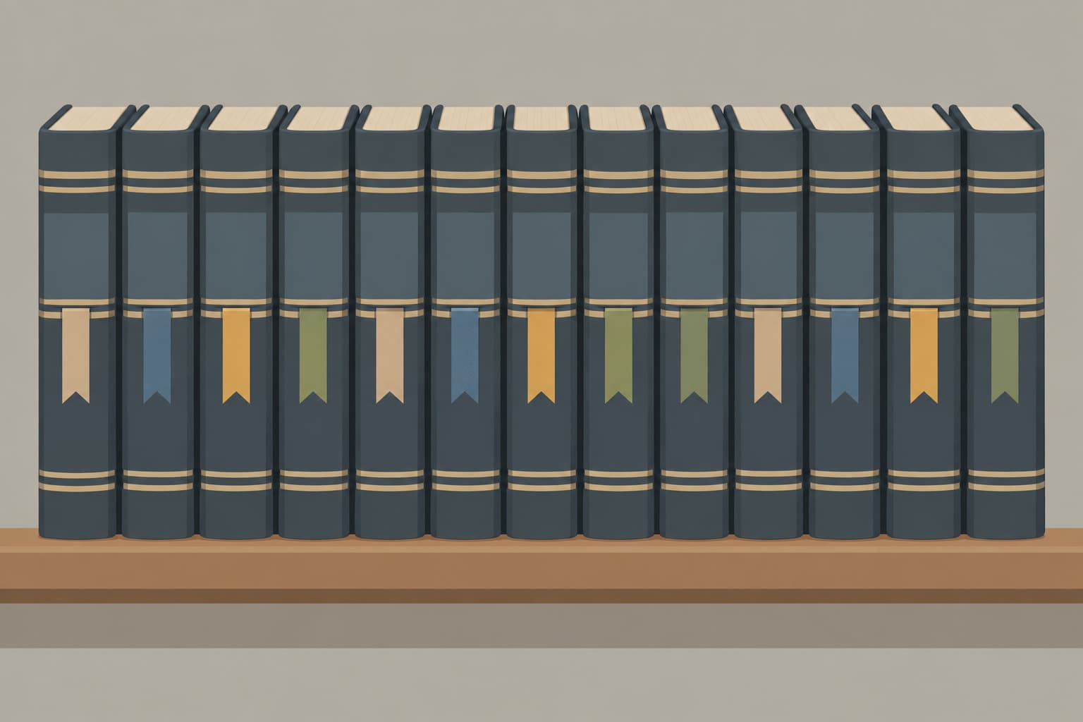 A row of yearly ledgers on a shelf, their ribbon bookmarks lining up at the same height across volumes