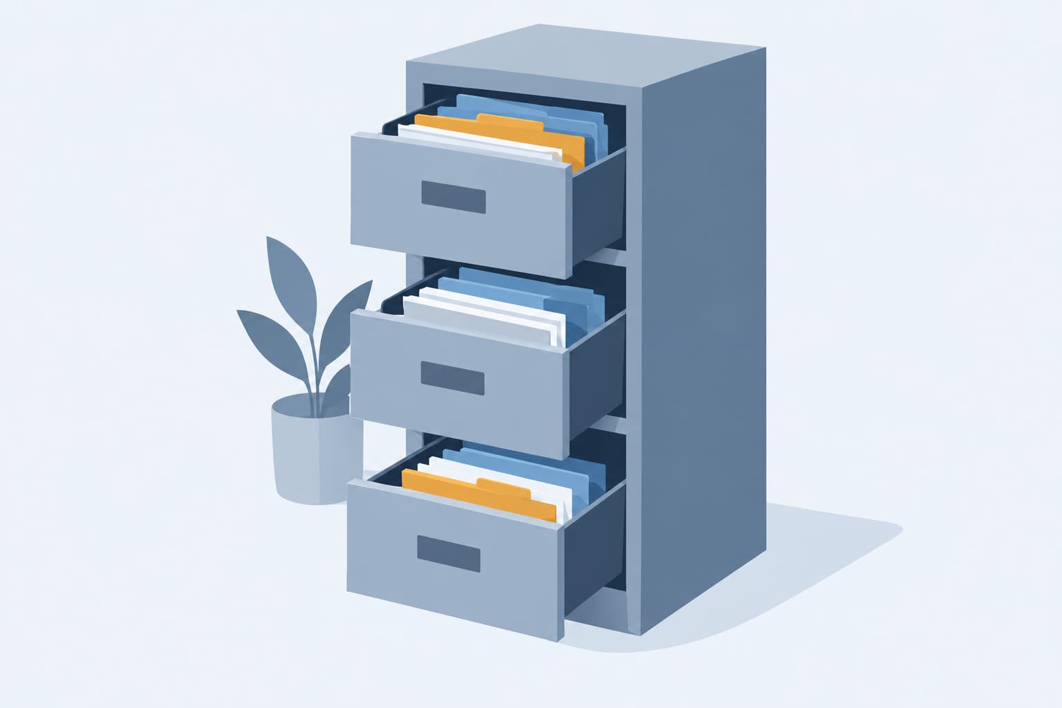 A filing cabinet with three open drawers of folders