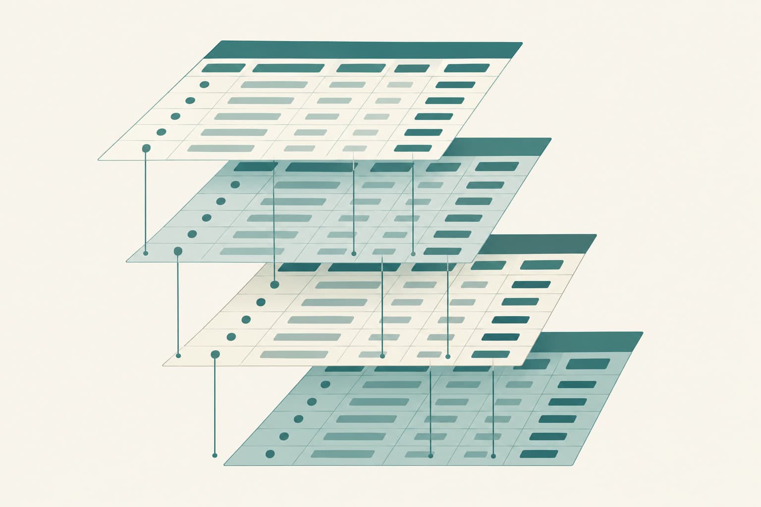 Four sheets offset in a staircase, their table rows aligned by thin lines