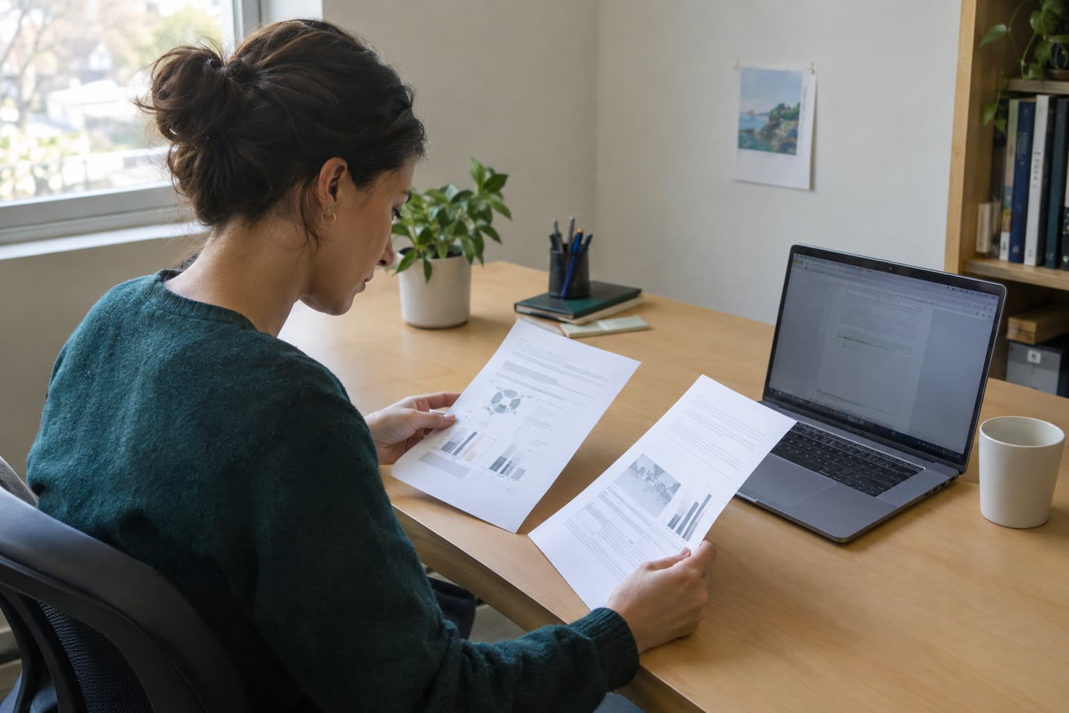 A researcher at a plain desk comparing two printed documents beside a laptop