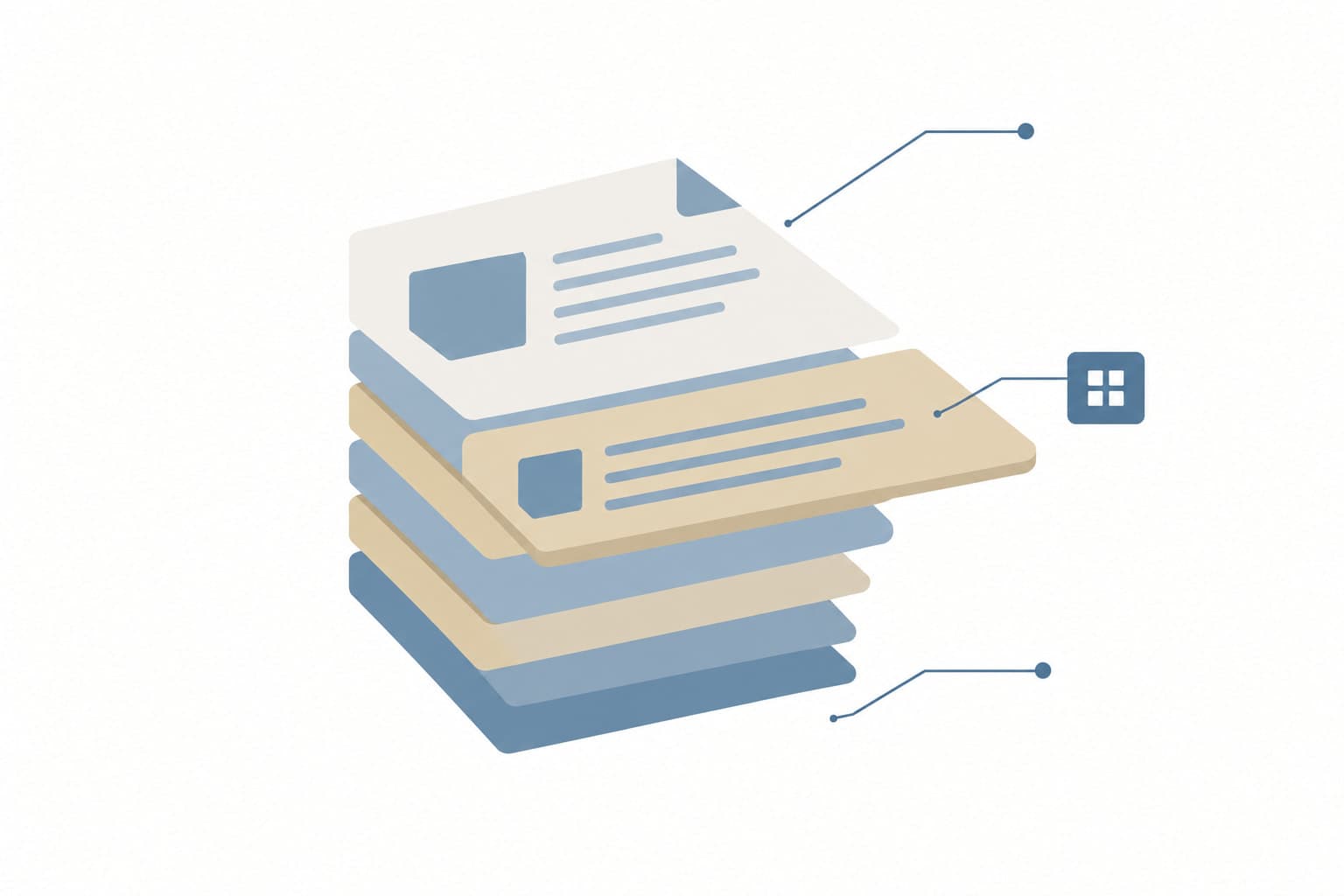 A stacked document outline with one block pulled forward and marked by a small square