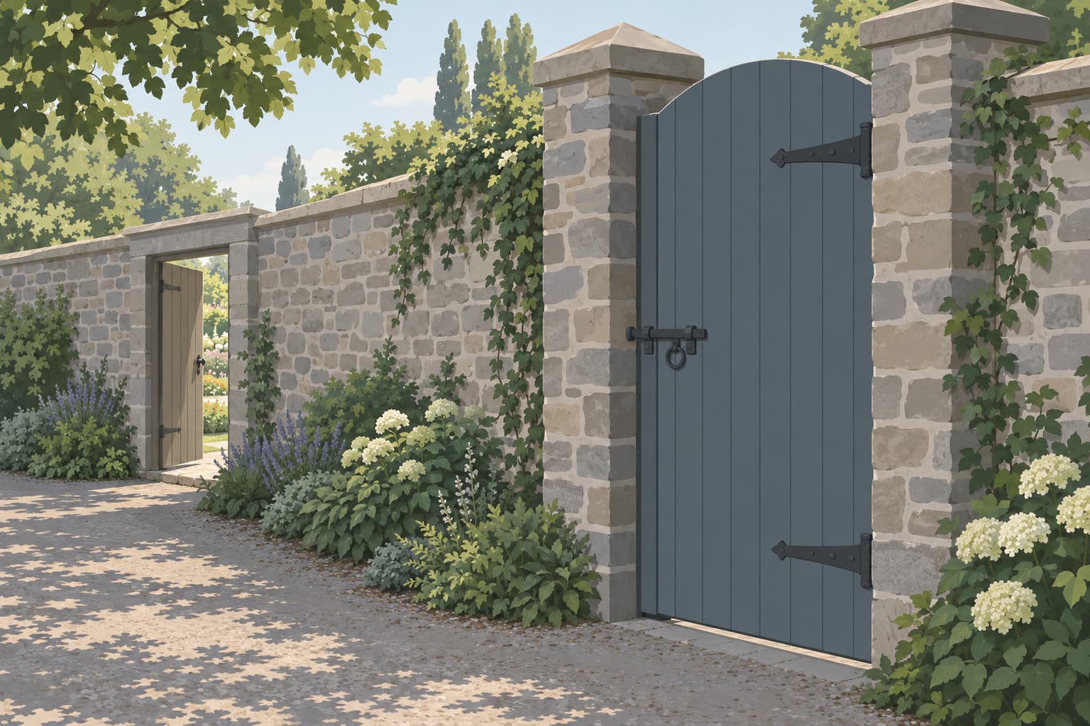 A closed garden gate with a small side door left open in the stone wall