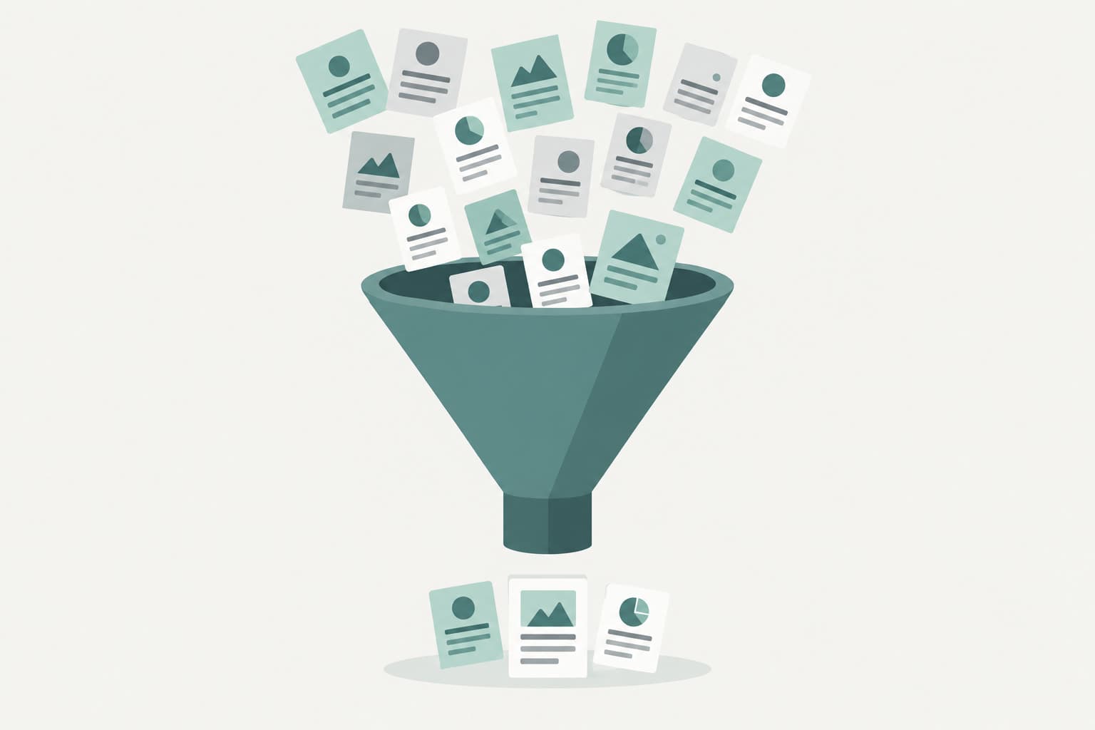 A funnel with many small cards entering at the top and a few resting at the bottom