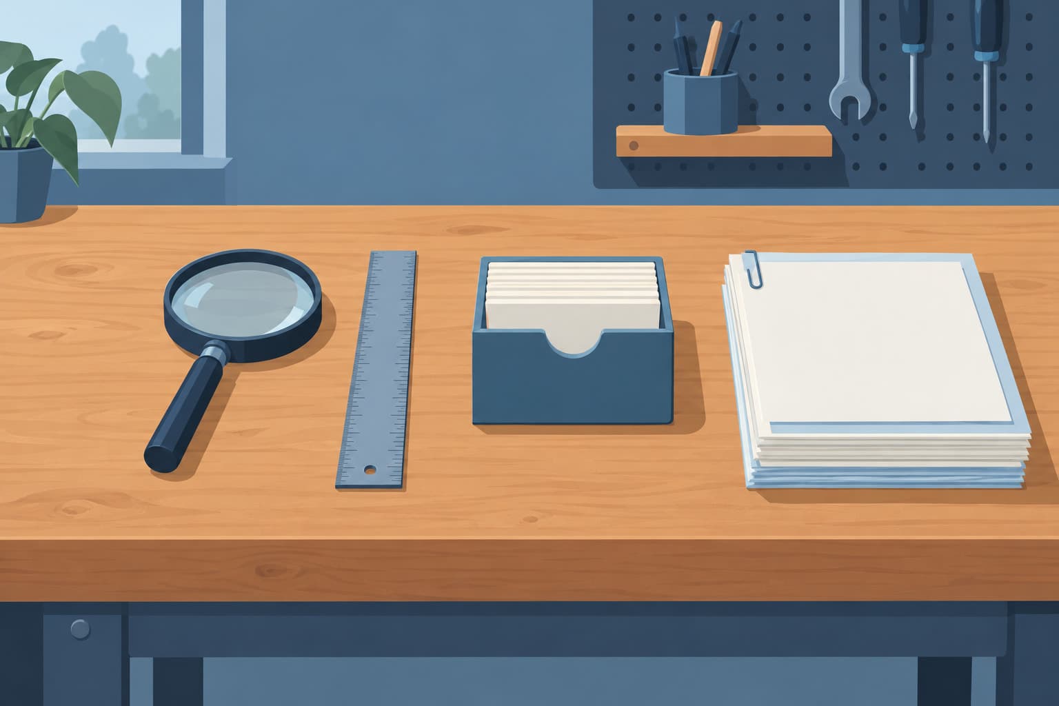 A workbench with a magnifier, a ruler and an index-card box beside a short stack of paper returns