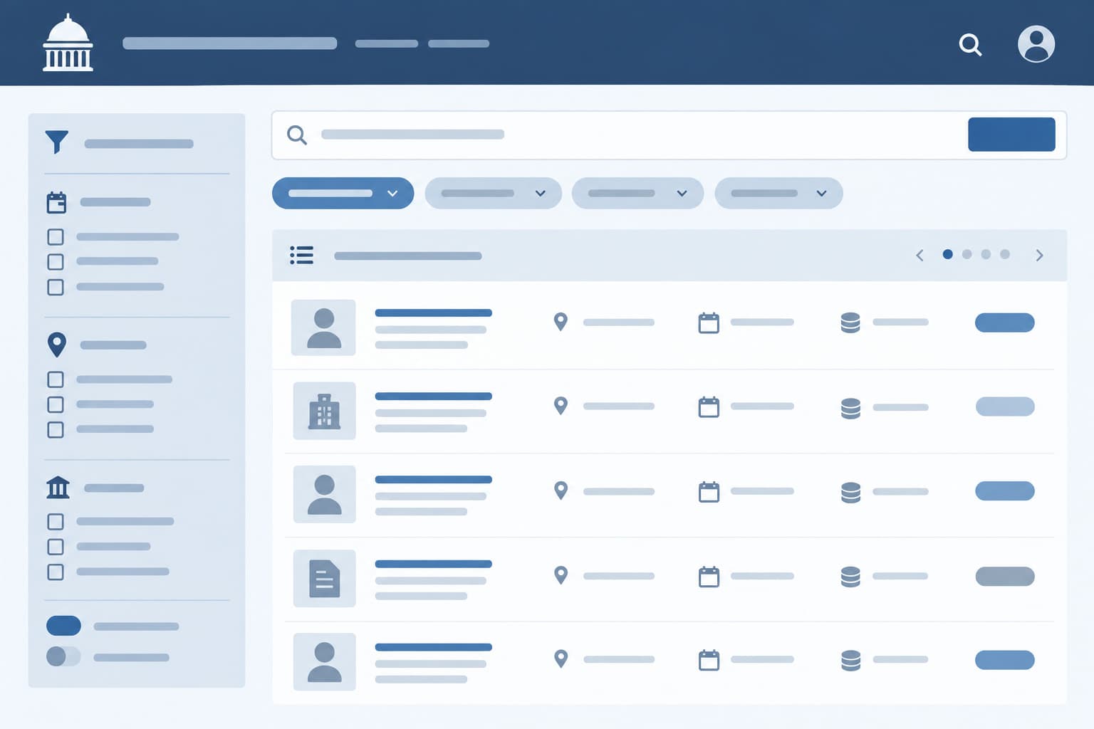 A database results page with rows and filter chips