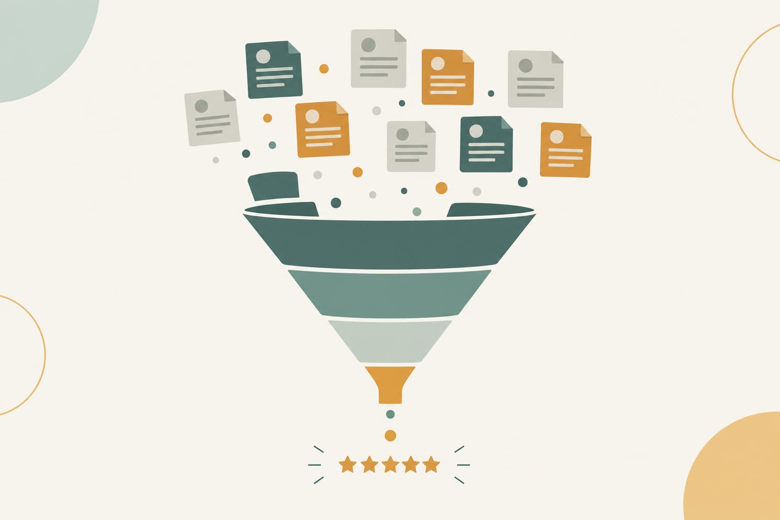 A funnel of document icons narrowing to a small set of stars