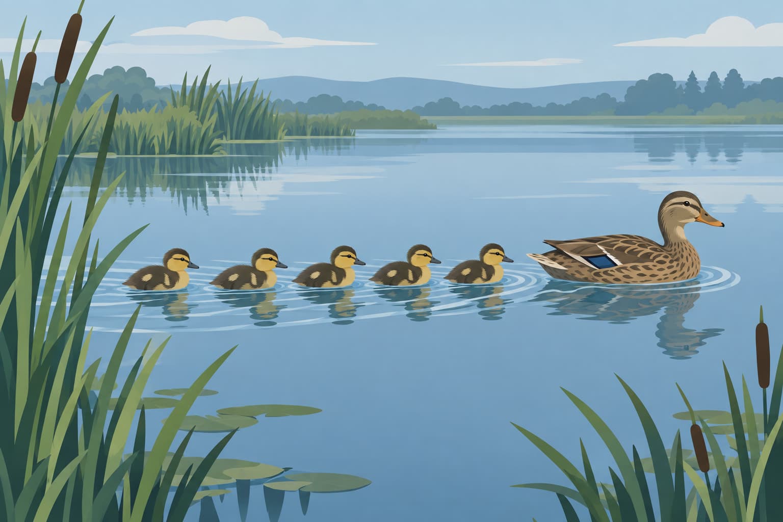 A duck leading a line of ducklings across a still pond