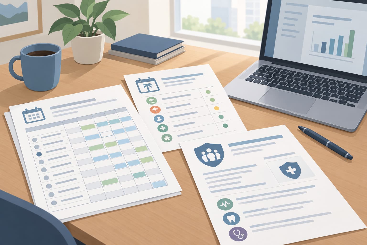Stacked sheets and statements arranged beside a laptop on a desk