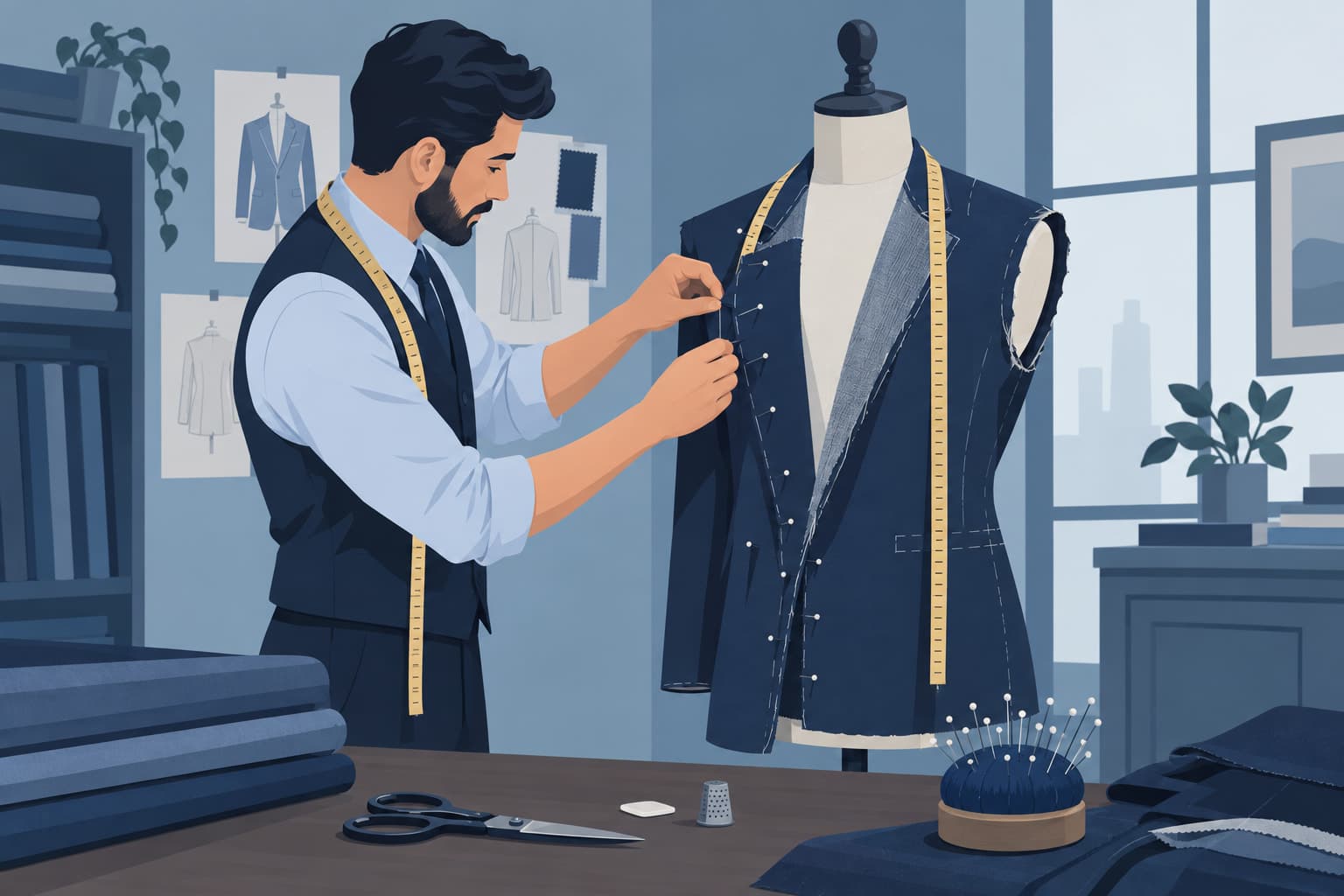 A tailor pinning a jacket on a dress form with a measuring tape around its shoulders
