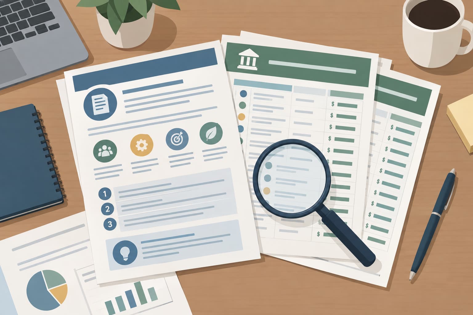 Printed pages spread across a desk beside a magnifier